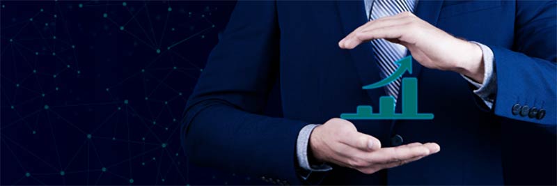 Insurance agent holding a growth model.